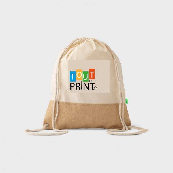 Sac à cordon en coton bio et jute personnalisé - Objets Publicitaires