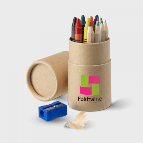 Tube en carton avec des crayons, des craies grasses et un taille-crayon personnalisé - Crayons