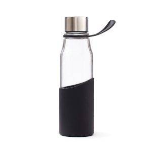 A neat waterbottle in glass with a silicon sleeve. personnalisable