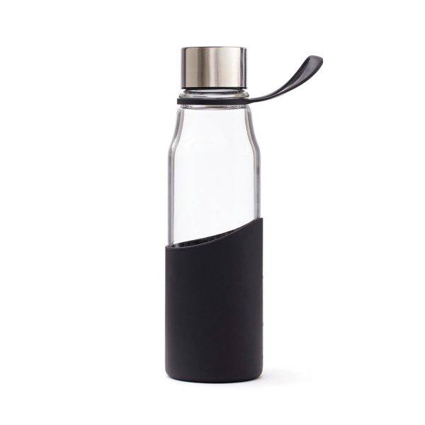 A neat waterbottle in glass with a silicon sleeve. personnalisable