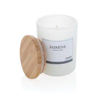 Bougie parfumée avec couvercle en bambou Ukiyo blanc personnalisable