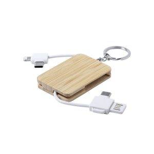 Câble de charge, porte-clés en bambou blanc personnalisable avec logo