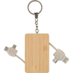 Câble de charge, porte-clés en bambou brun personnalisable avec logo