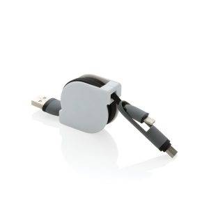 Câble rétractable 3 en 1 noir personnalisable avec logo