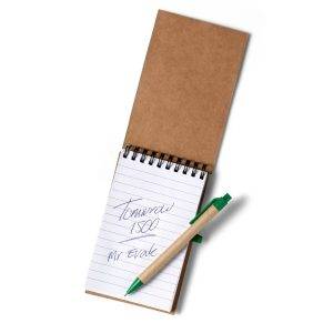 Carnet environ A6 avec stylo bille vert personnalisable avec logo