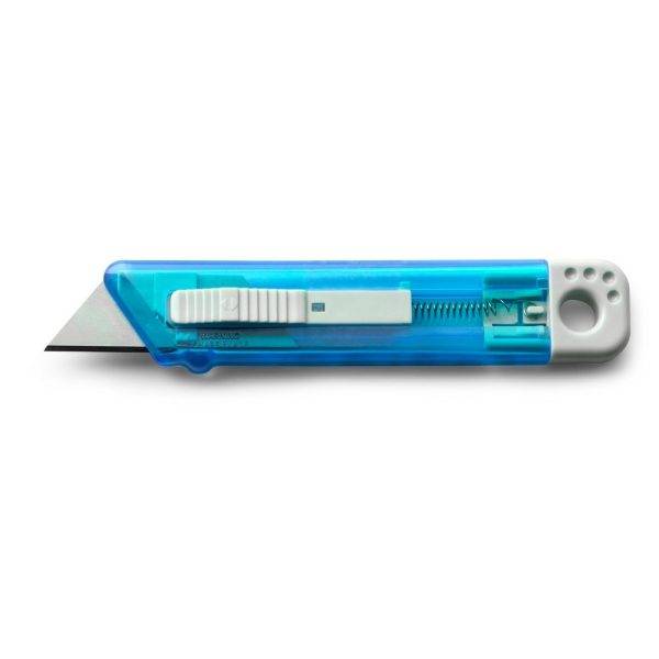 Cutter avec mécanisme de sécurité bleu clair personnalisable avec logo
