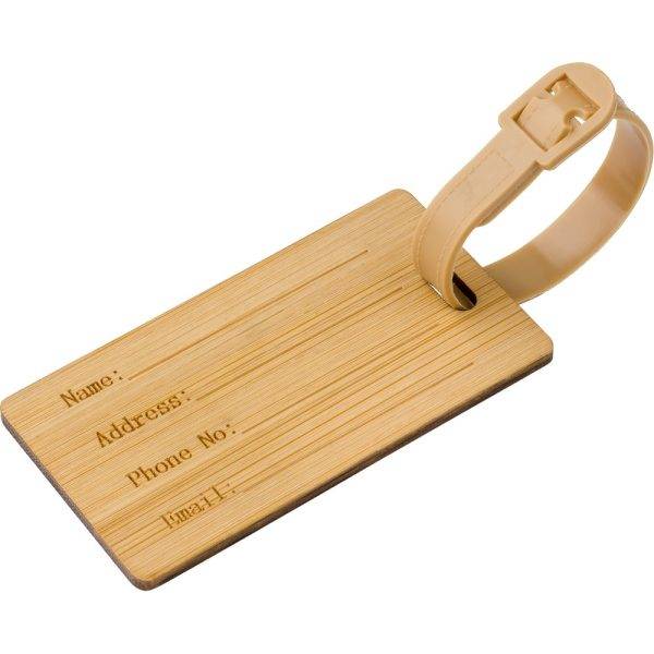 Etiquette bagage en bambou brun personnalisable avec logo