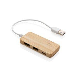 Hub en bambou avec Type C brun personnalisable avec logo