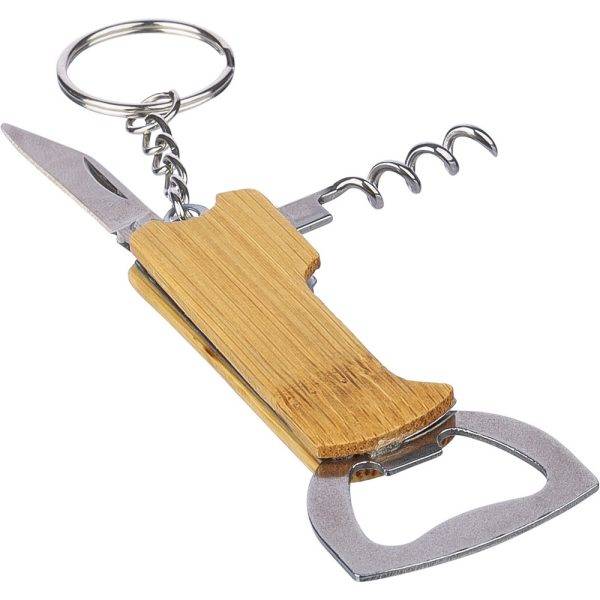 Porte-clés en bambou 3-en-1 brun personnalisable avec logo