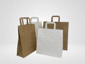 Sacs papier kraft brun et blanc à poignées plates personnalisés avec logo