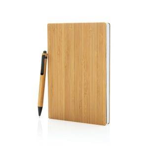 Set carnets de notes A5 et stylo en bambou brun personnalisable