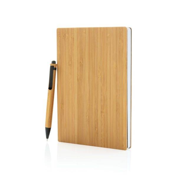 Set carnets de notes A5 et stylo en bambou brun personnalisable