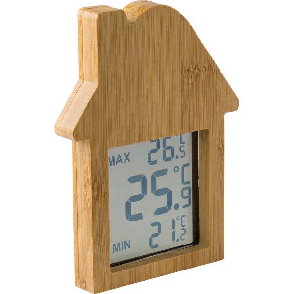 Station météo en bambou "maison" brun personnalisable avec logo