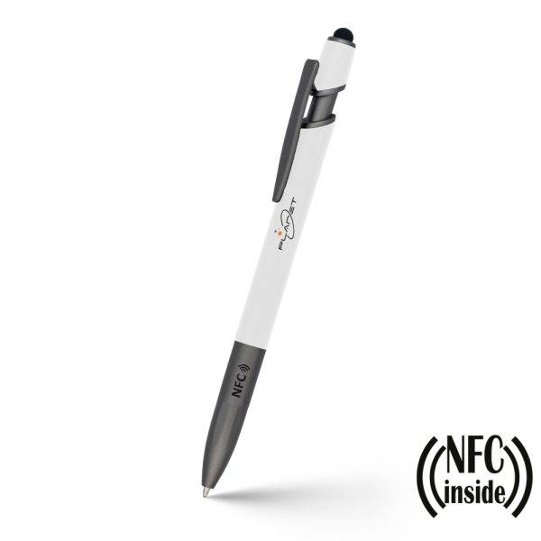 Stylo à bille avec puce NFC Teagan blanc personnalisable avec logo