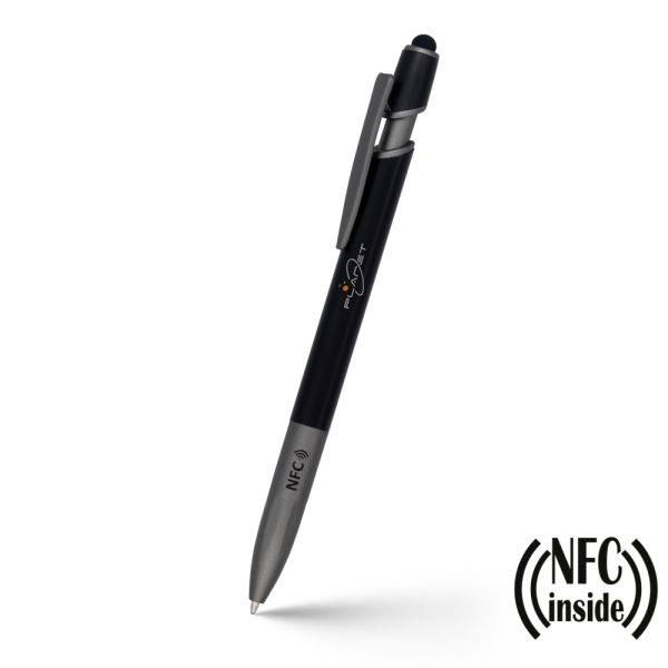 Stylo à bille avec puce NFC Teagan noir personnalisable avec logo