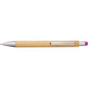 Stylo bille en bambou, stylo tactile fuchsia personnalisable avec logo