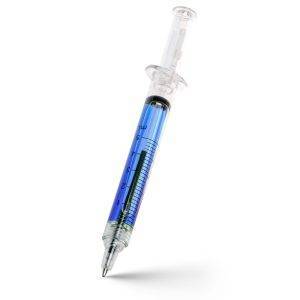Stylo bille 'seringue' Christine bleu personnalisable avec logo
