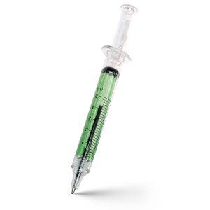 Stylo bille 'seringue' Christine vert claire personnalisable avec logo