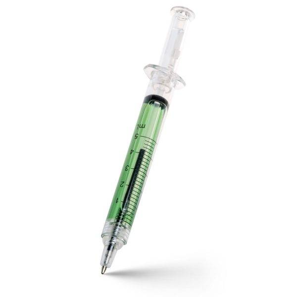 Stylo bille 'seringue' Christine vert claire personnalisable avec logo