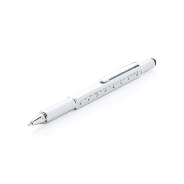 Stylo outil 5 en 1 en aluminium gris personnalisable avec logo