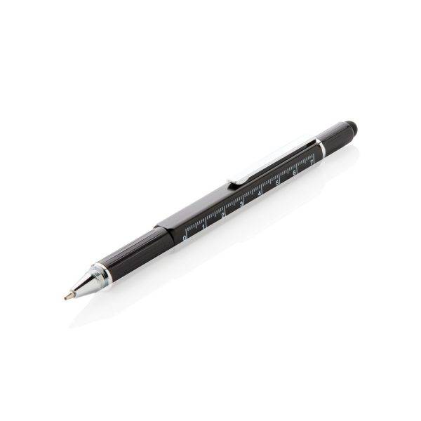 Stylo outil 5 en 1 en aluminium noir personnalisable avec logo