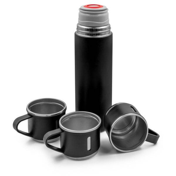 Thermos 420 ml et 3 mugs 150 ml Quavean noir personnalisable avec logo